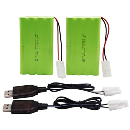 Blomiky 2 Pack 9.6V 2000mAH NiMH Rechargeable AA Battery Packs with Standard Tamiya Connectors Plug and USB Cable for RC Tank Car Truck and Vehicles 9.6V Tamiya 2