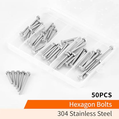 M4 x 20mm 25mm 30mm 35mm 40mm Heavy Duty Hexagon Bolts Hex Head Screws, 304 Stainless Steel, Metric Machine Fully Threaded, Bright Finish, Assortment Kit 50PCS - size: M4 x 20/25/30/35/40mm (50PCS)