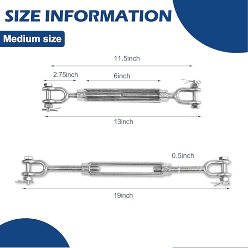 2Pack Heavy Duty Turnbuckle 1/2*6 Inch,2200 lbs Working Load Limit, Weather Resistant,Hot Dipped Galvanized Steel Jaw and Jaw Turnbuckle for Tractor, Wire Rope Tension, Sun Shade Tent, Treehouse, Deck - size: 1/2*6inches