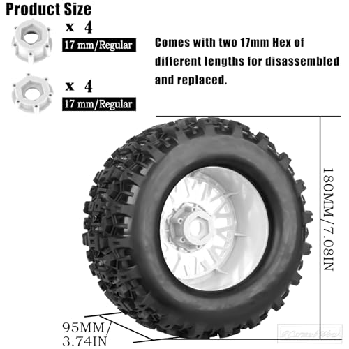 1/8 1/10 17mm Hex RC Truck Tires,Wheels and Tires for 1/10 E-Revo T-Maxx Summit,1/8 Kraton Outcast 6S,Sledge,Buggy Rubber Tyres and Rims w/Foam Insert for RC Off-Road Car,White-Navy Blue - color: White&navy Blue(4pcs)