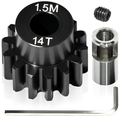 M1.5 14T Pinion Gear 8mm Bore with 8mm to 5mm Shaft Adapter Sleeve, Chromium Steel Motor Gear with Set Screw & Hex Key for Traxxas ARRMA Losi 1/5 1/8 RC Cars - size: 14T