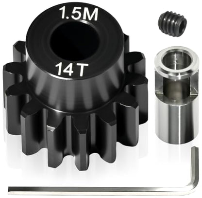 M1.5 14T Pinion Gear 8mm Bore with 8mm to 5mm Shaft Adapter Sleeve, Chromium Steel Motor Gear with Set Screw & Hex Key for Traxxas ARRMA Losi 1/5 1/8 RC Cars - size: 14T