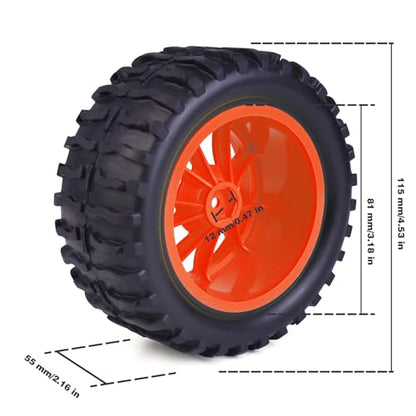 Hosim 55 * 115 mm RC Tires, All Terrain Soft Tire Mounted on 12mm Hex Wheels (Set of 4) for 1/10 RC Cars (Red Wheel hub) - color: Red