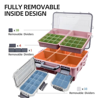 RUNCL Universal Fishing Tackle Box with Two Small Tackle Tray, Removal Inside Design Waterproof Trunk Storage Box, Thicker Floating Airtight Stowaway, Xmas Surprise Fishing Gifts for Men Women - color: Pink