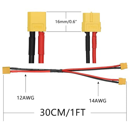XT60 Parallel Battery Connector Cable, 12AWG XT60 Y Splitter Adapter Cable | 2Pcs XT60 RC Lithium Paralle Power Cord 1FT, 1 Male to 2 Female Y Splitter Adapter Cable, Plug and Play, for RC Multicopter - style: XT60 1 Male to 2 Female Cable
