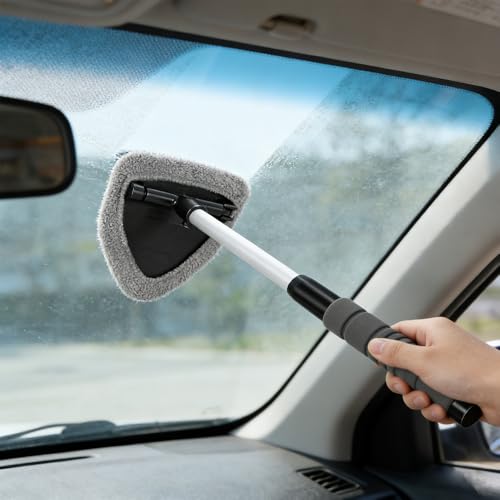 Windshield Cleaning Tool, Car Window Cleaner Tool, Vehicle Window Cleaning Kit with Extendable Handle & 4 Washable Microfiber Pad, Auto Interior Exterior Glass Wiper Cleaner for Office Home