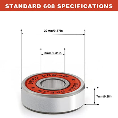 Premium 20Pcs 608rs Bearings Skateboard Bearings Longboard Bearings (8x22x7mm) for Skate Double Rubber Sealed Deep Groove - size: 608-2rs-red