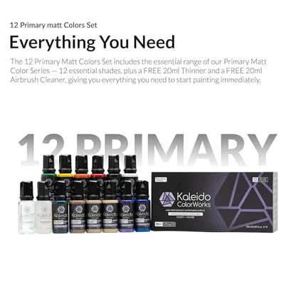 Gaahleri Kaleido Primary Matt 12-Color Set Water-Based Acrylic Airbrush Paint Kit for Scale Models, Gundam, Mecha, Cars & Miniatures – Pre-Thinned, High Gloss, Fast-Drying, with Thinner & Cleaner - color: 12 Primary Matt Colors Set