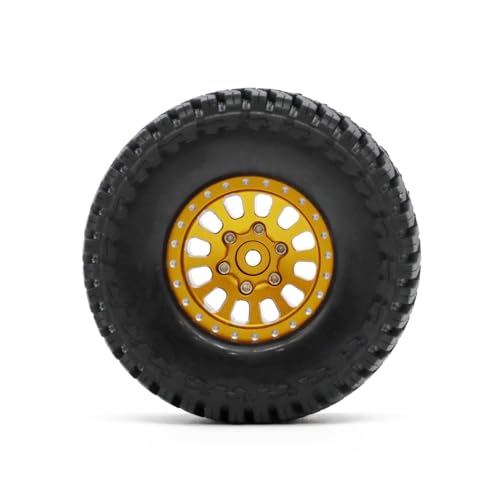 1.3” Brass Beadlock Wheels & All-Terrain Tires Set for 1/18 1/24 RC Crawler TRX4M, Axial SCX24 / AX24, Redcat Ascent-18, FMS FCX24, -5.40mm Offset, 7mm Hex, 4 pcs, Gold - color: Gold