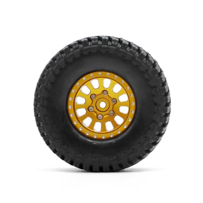 1.3” Brass Beadlock Wheels & All-Terrain Tires Set for 1/18 1/24 RC Crawler TRX4M, Axial SCX24 / AX24, Redcat Ascent-18, FMS FCX24, -5.40mm Offset, 7mm Hex, 4 pcs, Gold - color: Gold