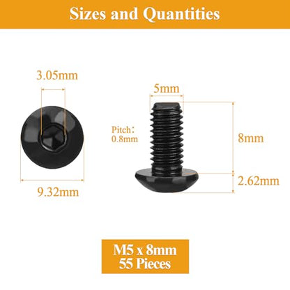 55 Pieces M5 x 8mm Button Head Socket Cap Screws, Thread Pitch 0.8mm, Sutemribor M5 Black Screws, 10.9 Grade Alloy Steel, Black Oxide Finish, Fully Threaded - size: M5 x 8mm, style: Button Head