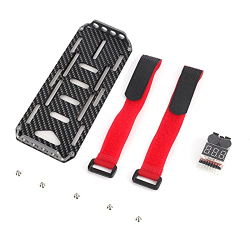 RC Battery Mounting Plate Set, RC Battery Tray with Electricity Tester, Carbon Fiber Batteries Mount Plate with Strap Replacement for SCX10 1/10 Crawler Car, 6x2.4x0.6in