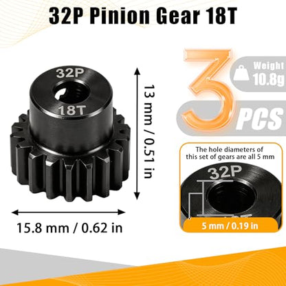 32P 18T RC Car Gear Set | 45# Steel Black Oxide | 5mm Bore +0.03mm | Precision Engineered Motor Pinion Gear Compatible with Traxxas/ARRMA/HPI/Kyosho (3-Pack with M4 Set Screws) - style: 3Pcs 18T