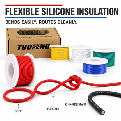 TUOFENG 18 AWG Stranded Wire, 6 Colors, 13.2 ft Each, Tinned Copper | Flexible silicone wire - size: 18 AWG Silicone Stranded Wire 6 Colors 13.2ft Each