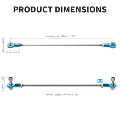2 Pcs RC Toy Push Rod, M3x130mm Tie Rods Blue Ball Head Joint | 156mm Length, 304 Servo Linkage Link Rods, Double Aluminum Alloy Ball Head, for RC Cars, Planes, Helicopters, DIY Models - color: M3×130mm Rod