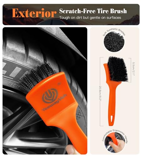 YeewayVeh 7PCS Motorcycle Cleaning Kit, 2-Size Bendable Wheel Brush, Orange | Tire & Chain Brush, Boars Hair Detailing, Wash Mitt, Microfiber Towel for Dirt Bike & Car Wheels