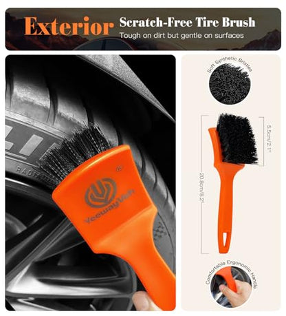 YeewayVeh 7PCS Motorcycle Cleaning Kit, 2-Size Bendable Wheel Brush, Orange | Tire & Chain Brush, Boars Hair Detailing, Wash Mitt, Microfiber Towel for Dirt Bike & Car Wheels