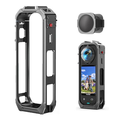 Camera Case Cage with Silicone Lens Cover for Insta360 X5 | Aluminum Alloy Protective Case with 1/4" Threads, Utility Frame Built-in 2 Cold Shoe for Microphone and Led Video Light