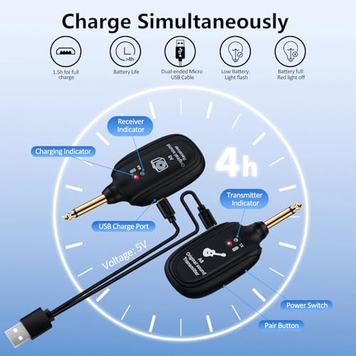 A8 Wireless Guitar System UHF 2 Modes, Rechargeable Li-Battery, 100ft Range, Plug & Play for Guitar, Bass, Violin, Keyboard - Black | Rechargeable Li-Battery, 100ft Range, Wireless Guitar Transmitter Receiver For Bass Violin Keyboard Electric Instruments