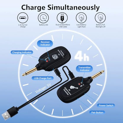 A8 Wireless Guitar System UHF 2 Modes, Rechargeable Li-Battery, 100ft Range, Plug & Play for Guitar, Bass, Violin, Keyboard - Black | Rechargeable Li-Battery, 100ft Range, Wireless Guitar Transmitter Receiver For Bass Violin Keyboard Electric Instruments