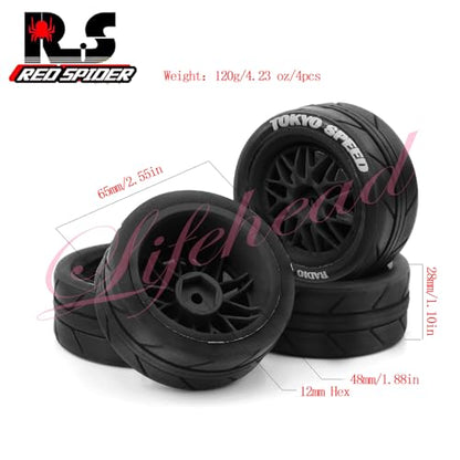 Lifehead 65mm RC On-Road Rally Car Tires and Wheels for 1/10 RC On-Road Touring Drift Car HSP 94123 Tamiya XV01 TT01 TT02 HPI Kyosho FAZER MK2 TRAXXAS 4-TEC 2.0/12mm Hex - color: Black