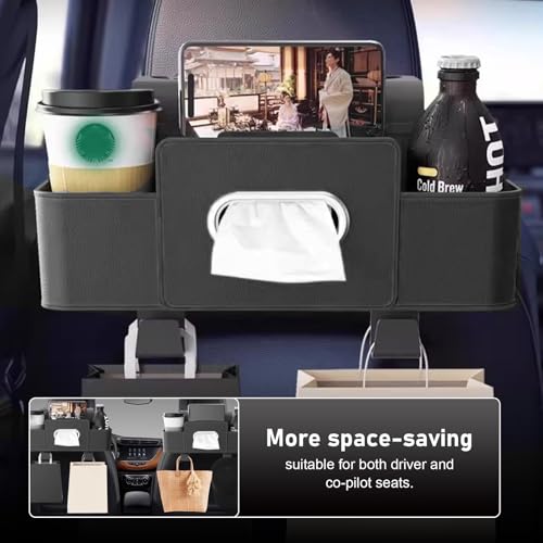 4-in-1 Back Seat Car Organizer, Multifunctional Hanging Back Seat Storage Box, Partition Design with Phone Holder Tissue Box Cup Holders Hooks, Universal for Most Cars SUVs Trucks (Black) - color: Black