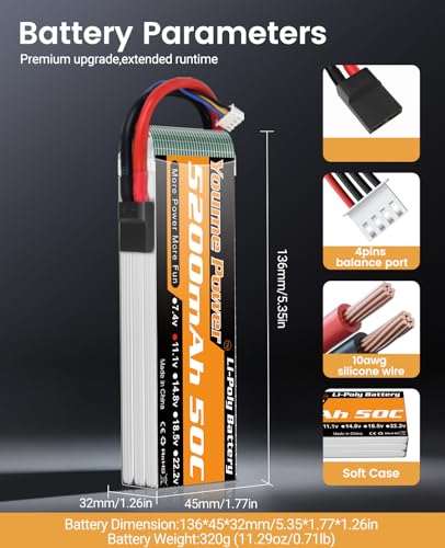 3S LiPo Battery 5200mAh Shorty 11.1V 50C RC Battery with Tr Plug Soft Case for 1/8 1/10 Scale RC Car Truck Vehicle Tank Buggy Truggy Boat Drone Airplane (2 Packs)