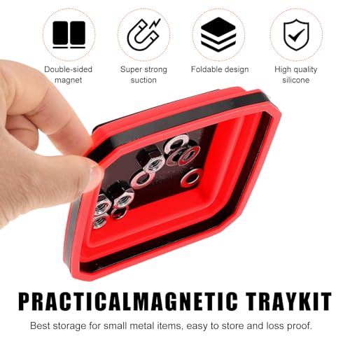 Yourkar Collapsible Magnetic Parts Tray, 4.5 Inch Foldable Magnetic Square Silicone Tray, Tool Tray Set with Double-Sided Magnetic Base for Screw Bolts Nuts Pins, Car Accessories (Red) - color: Red, 1 PCS
