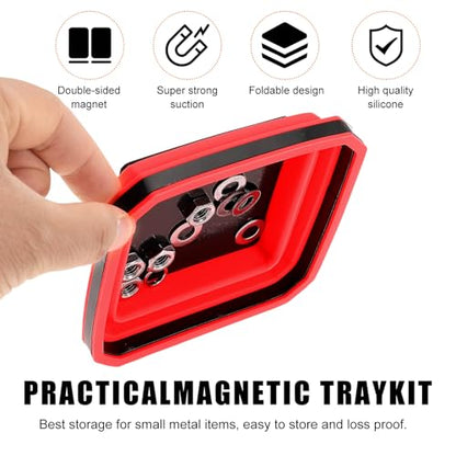 Yourkar, 2 PCS Collapsible Magnetic Parts Tray, 4.5 Inch Foldable Magnetic Square Silicone Tray, Tool Tray Set with Double-Sided Magnetic Base for Screw Bolts Nuts Pins, Car Accessories (Red+Blue) - color: Red+Blue, 2 PCS