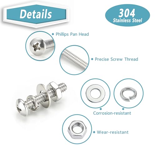 KADRICK 920Pcs Machine Screw Assortment Kit,Stainless Steel #4-40 to #10-24 | 304 Stainless Steel Phillips Pan Head SAE Screw Kit,Assorted SAE Screws Nuts & Washers,#4-40 #6-32 #8-32 #10-24 - size: SS #4-#10 920Pcs