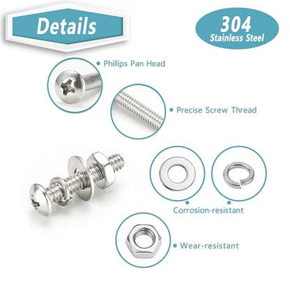 KADRICK 920Pcs Machine Screw Assortment Kit,Stainless Steel #4-40 to #10-24 | 304 Stainless Steel Phillips Pan Head SAE Screw Kit,Assorted SAE Screws Nuts & Washers,#4-40 #6-32 #8-32 #10-24 - size: SS #4-#10 920Pcs