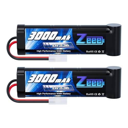 Zeee 8.4V 3000mAh NiMH Battery with Tamiya Plug (2 Pack) | High Power RC Battery for RC Car LOSI Associated HPI Tamiya Kyosho