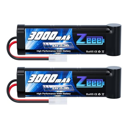 Zeee 8.4V 3000mAh NiMH Battery with Tamiya Plug (2 Pack) | High Power RC Battery for RC Car LOSI Associated HPI Tamiya Kyosho
