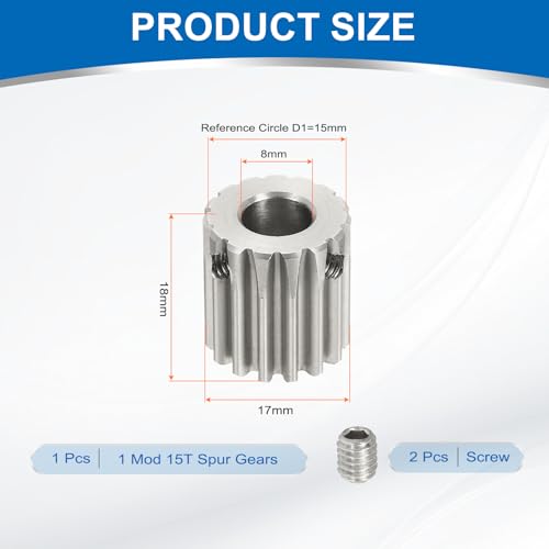 uxcell 1 Mod 15T Spur Gear 8mm Bore, 304 Stainless Steel Pinion Gear, 20°Pressure Angle, for Spur Rack and RC Model Car or Motor DIY - size: 1 Mod 15T, 8mm