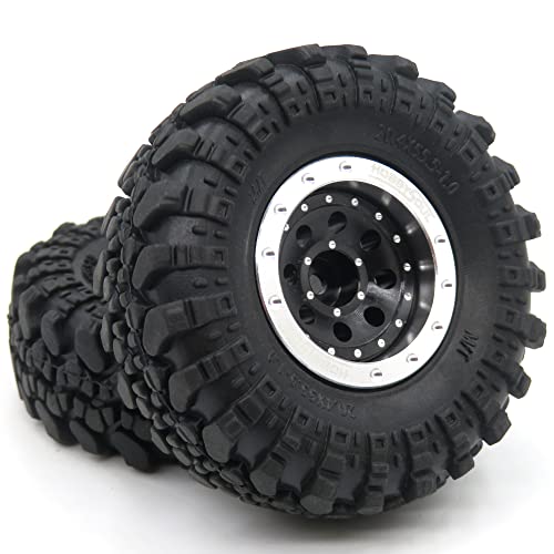 Adjustable Offset 1.0 rc Wheels Rims Silver Black & 1/24 Tires, Heavy 1.0 Beadlock Wheels and Tires for 1:24 RC Crawler Axial SCX24 Upgrade,(4-Pack, Assembled) - color: Silver & Black