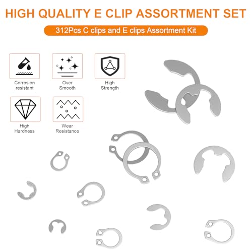 312Pcs Retaining Ring Kit with E-Clips (2.0-15mm) & C-Clips (M7-18) 304 SS | 24 Sizes Snap Rings And Circlips for DIY & Repair. E-Clips & External C-Clips. 304 Stainless Steel - size: 304 Stainless Steel-312PCS