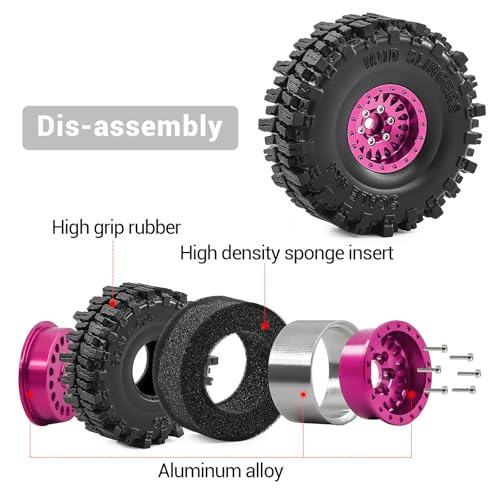 1.0" Aluminium Beadlock Wheels and Tires 64x23mm for 1/24 Axial SCX24, 1/18 TRX4M RC Crawler – Upgrade Parts (Pink, 4pcs) - color: Pink
