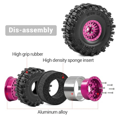 1.0" Aluminium Beadlock Wheels and Tires 64x23mm for 1/24 Axial SCX24, 1/18 TRX4M RC Crawler – Upgrade Parts (Pink, 4pcs) - color: Pink