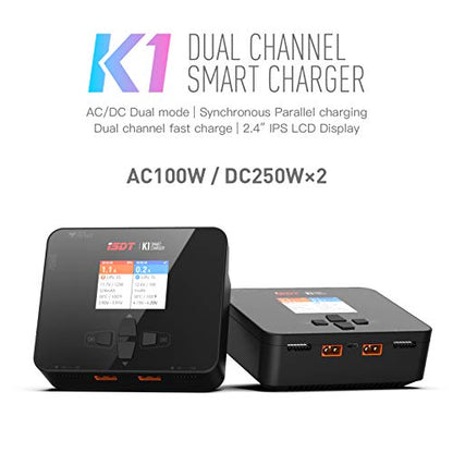ISDT K1 AC 100W DC 2 x 250W 10A Dual Channel Lipo Battery Balance Charger, XT60 Smart Charger for 1~6S LiPo/LiIon/Life/LiHV 1~10S Pb 1~16S NiCd/NiMh