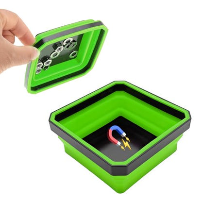 Yourkar Collapsible Magnetic Parts Tray, 4.5 Inch Foldable Magnetic Square Silicone Tray, Tool Tray Set with Double-Sided Magnetic Base for Screw Bolts Nuts Pins, Car Accessories (Green) - color: Green, 1 PCS
