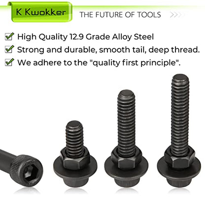 1/4 20 Bolt and Nuts, with Washers for Screws, Hex Socket Head Screws 7 Lengths are 2", 1-1/2", 1-1/4", 1", 3/4", 5/8", 1/2", 12.9 Grade Alloy Steel, 220Pcs, Black, Full Machine UNC Thread | 12.9 Grade Black UNC Thread Machine Bolts w/ Washers, 12.9 2", 1