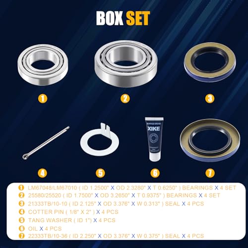 XiKe 25580 25520 & LM67048 LM67010 Trailer Bearings Wheel Hub Kit, 4 Sets | Fits 5,200-6,000 lb Axles, Includes 21333TB/10-10 Seal, 22333TB/10-36 Seal and Cotter Pin - size: 25580/20 ＆ LM67048/10 + Seal ID 2.125'' ＆ 2.250'', style: Pack 4 Set