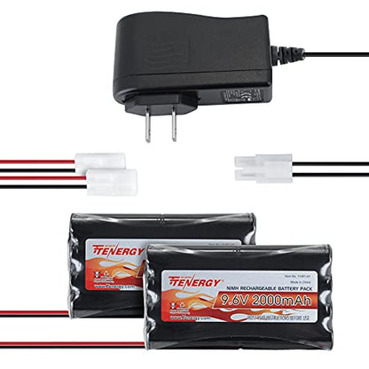 Tenergy 9.6V Flat NiMH Battery Packs for RC Car, High Capacity 8-Cell 2000mAh Rechargeable Battery Pack, Replacement Hobby Battery Pack with Standard Tamiya Connectors (2 Battery Packs + 1 Charger) - size: 2 Battery Packs + Charger