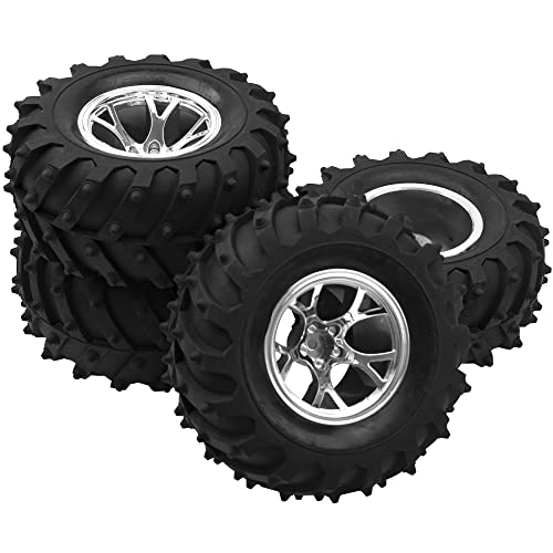 4.72''OD Rubber Tires & Wheel Rim 12mm Hex Hub Compatible with RedCat Volcano Traxxas Rustler HPI HSP Tamiya Exceed Himoto 1/10 Off-Road Monster Truck,120mmx56mm (Silver) - color: Silver