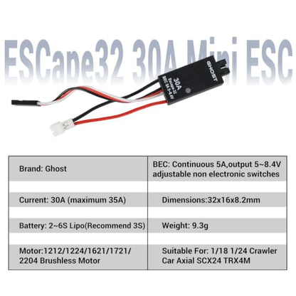 Ghost Brushless ESC ESCape32 30A Mini ESC 2-6S with 5A BEC 8.4V Electronic Speed Controller for RC Boat 1/18 1/24 Crawler Car Axial SCX24 TRX4M with ESCape32 WiFi-Link