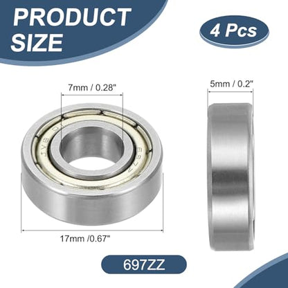 uxcell 4 Pack 697ZZ Deep Groove Ball Bearings, 7x17x5mm Chrome Steel Double Shield Bearing for Electric Motor, Home Appliances, Garden Machinery, (ABEC5) - size: 697ZZ