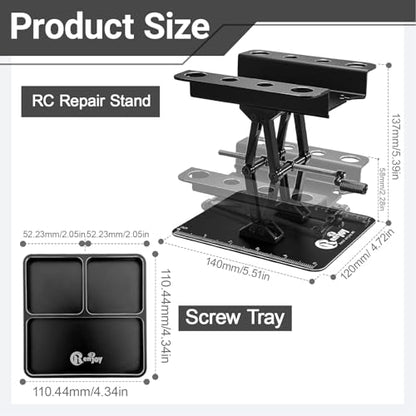 RC Stand Lift Lower with 3-Slot Screw Tray for 1/8 1/10 1/12 Scale, Black | Aluminum RC Car Work Stand Repair Tool Set for RC Cars Crawler Truck Traxxas TRX4 Axial SCX10 Upgrade - color: All Black, With 3-slot Screw Tray