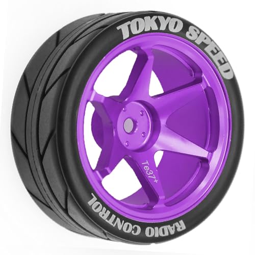 1/10 RC On Road Tires OD 65mm and Aluminum Street Wheels 12mm Hex Touring Tyres for 1:10 Rally Racing Drift Car Tamiya TT01 TT02 XV01 HPI KYOSHO HSP PTG2 Traxxas TA06 A959 PTG2 (Purple) - color: Purple