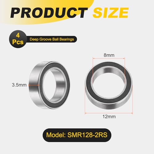 uxcell 4Pcs SMR128-2RS Deep Groove Ball Bearings, 8x12x3.5mm 440C Stainless Steel Double Shielded Bearings, ABEC 5 - size: 8x12x3.5mm