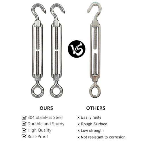 Acrux7 10 PCS M6 Turnbuckle Hook and Eye 304 Stainless Steel Turn Buckles Heavy Duty Adjustable Wire Tensioner Cable Turnbuckle Kit for 1/8 1/4 Inch Cables Wires, Rope Tension, Sun Shade Sail, Cmaper